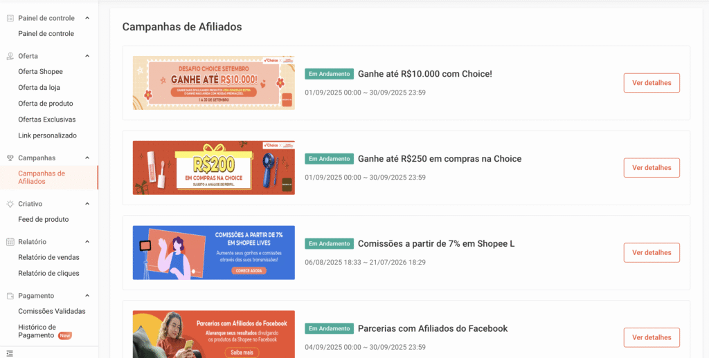 campanhas afiliados shopee